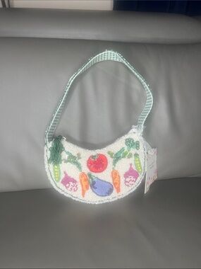 Viral Beaded White Crescent Hobo Shoulder Bag with Colorful Vegetable Motifs